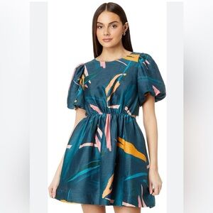 Vineyard Vines Puff Sleeve Abstract Midi Silk/Linen Dress 8